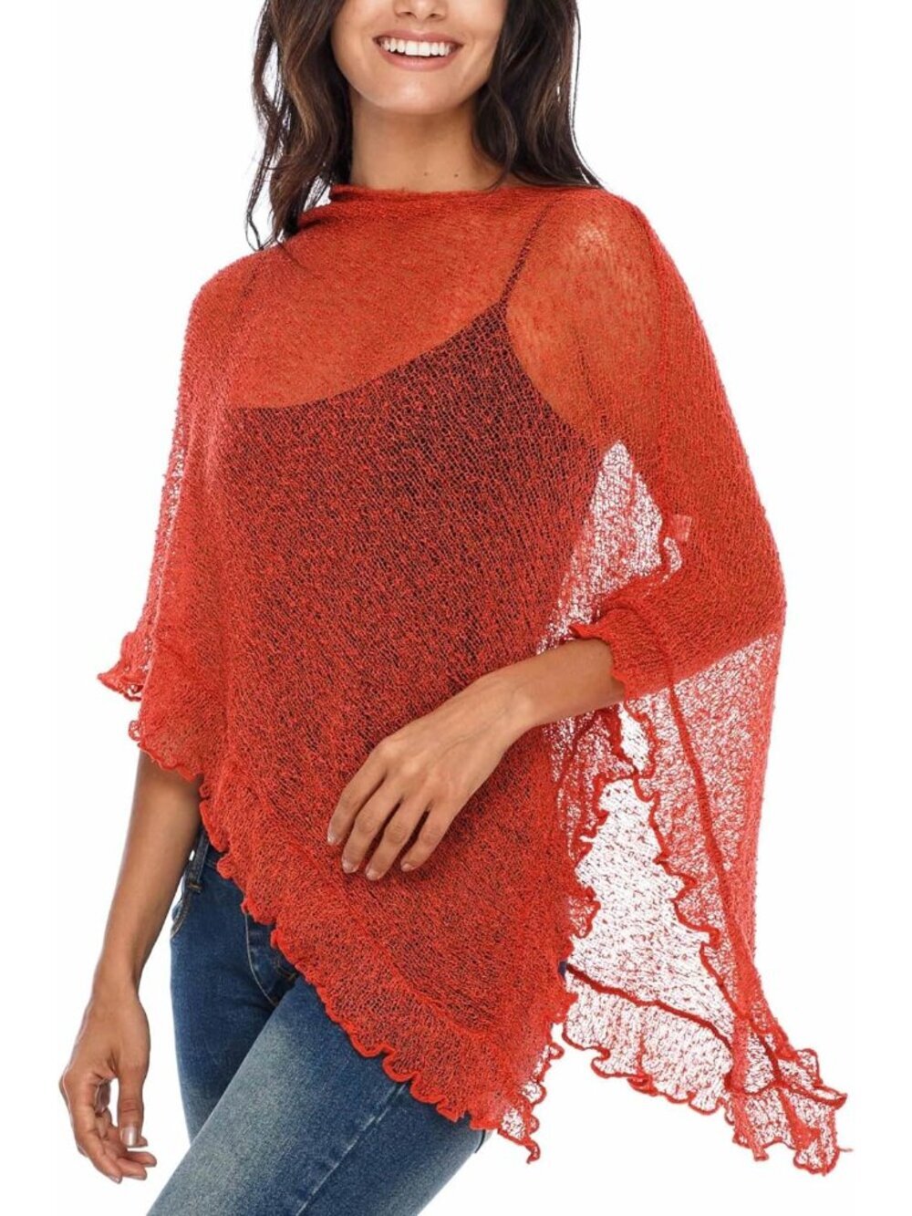 〽️Women Burnt Orange Sher Knit Poncho Shrug Lightweight Asymmetrical Ruffle Wrap